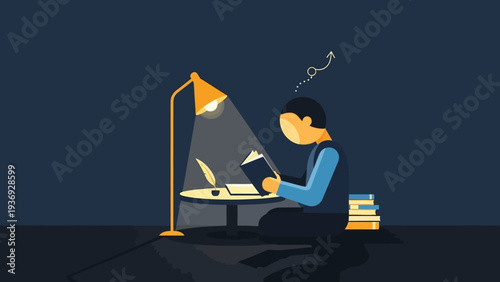 Person reading book under desk lamp, studying, writing, learning, inspiration, knowledge