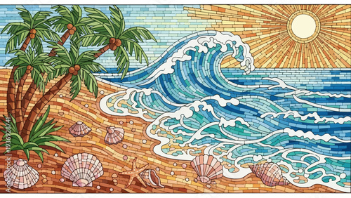 Tropical Beach Mosaic: Palm Trees, Ocean Wave, Shells, and Sunrise