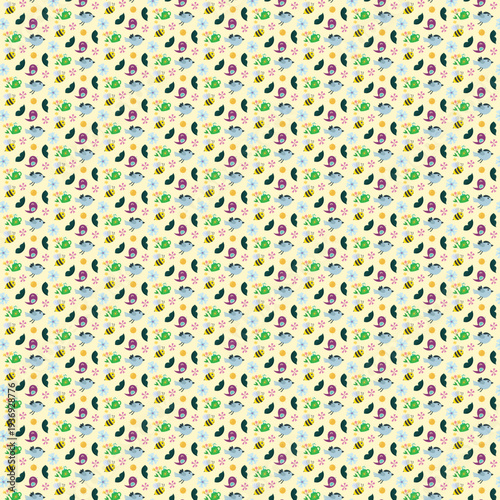 Colorful seamless pattern with cartoon bees and flowers on yellow background
