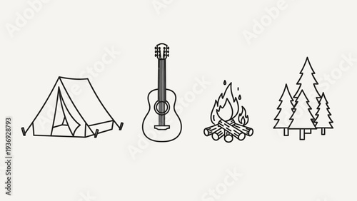 Camping Icons: Tent, Guitar, Campfire, Trees - Outdoor Adventure Line Art