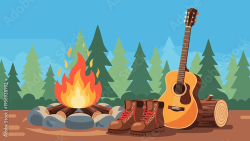 Campfire, Guitar, and Hiking Boots in Forest - Outdoor Adventure