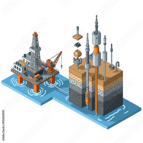 Offshore Oil Rig and Subsea Drilling Operations Isometric View.