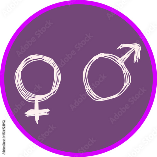 Hand-drawn male and female gender symbols inside a purple circle, representing gender identity, equality, and social awareness in a simple minimalist icon style.