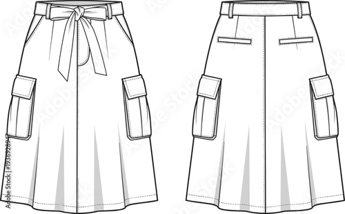Women cargo midi skirt mockup, front and back view belted utility skirt with pockets isolated on white background vector illustration