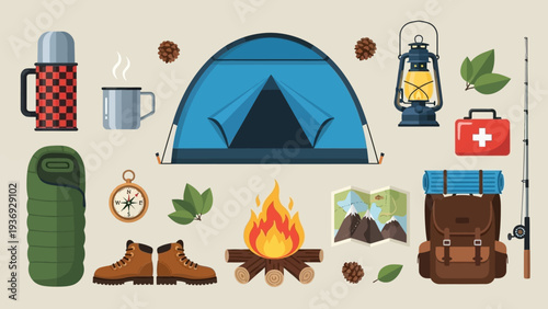 Camping Gear Flat Design Icons Set, Outdoor Adventure Equipment