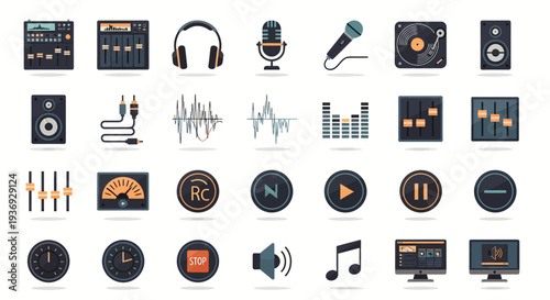 A collection of flat design audio equipment and music technology icons