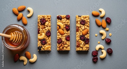 Wallpaper Mural Three granola bars, honey, almonds, and cashews on a gray background, overhead view Torontodigital.ca