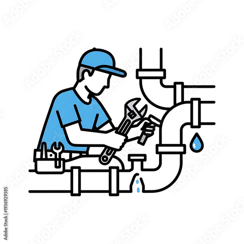 Plumber repairing leaking water pipes under a sink using tools.