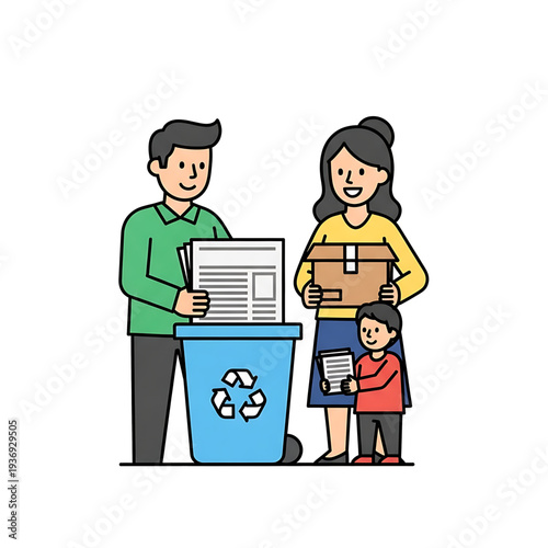 Family separating recyclable waste into a recycling bin.