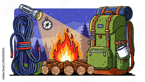 Camping Gear and Campfire in Forest at Night