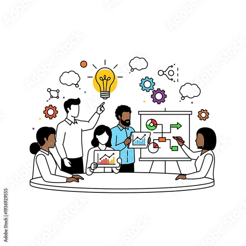 Creative team brainstorming innovative ideas with icons and symbols.