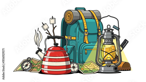Camping Gear and Supplies Collection: Backpack, Lantern, Kettle, and Map