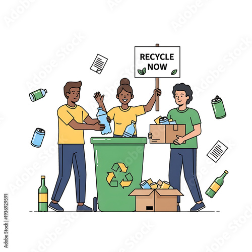 Volunteers sorting recyclable waste into a recycling container together.
