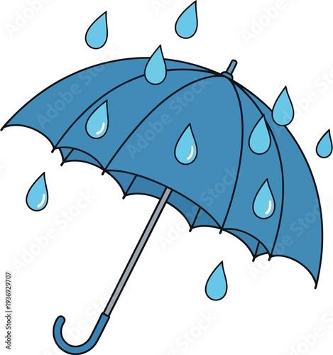 Simple blue umbrella effectively protecting against falling raindrops during a sudden summer shower illustration
