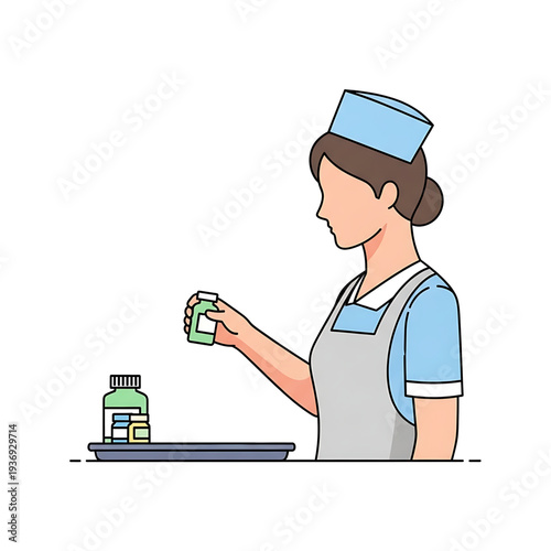 Pharmacist holding medicine bottle in pharmacy.