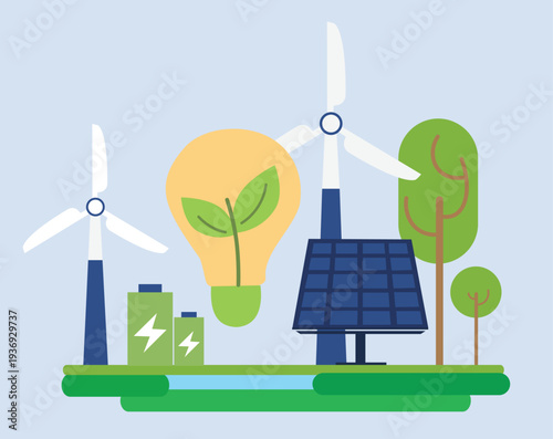 Renewable and environmentally friendly energy concept. Clean, sustainable, alternative energy. Illustration of a solar panel with a wind turbine, a light bulb, and a battery.