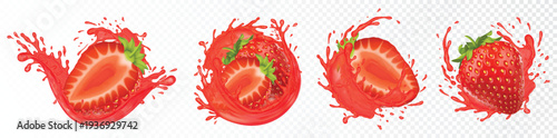 Strawberry splash collection with fresh berries and juice vector illustration