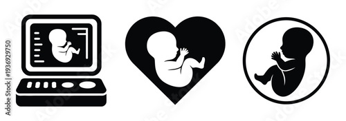 Human fetus embryo in womb silhouette icon set, simple prenatal baby in uterus silhouettes for pregnancy healthcare concept, maternity medical illustration icons isolated on transparent background for