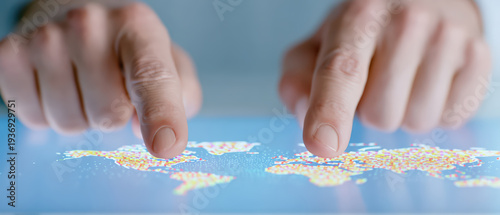 Touchscreen digital map world finger technology interactive global navigation travel person hand communication connection modern device network data information geography exploration business