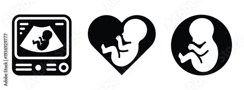 Human fetus embryo in womb silhouette icon set, prenatal development vector illustration showing baby inside uterus, pregnancy and maternal health concept icons isolated on transparent background for 