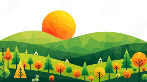Geometric Landscape with Camping Tents, Sun, and Trees