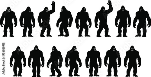 Black Gorilla and Bigfoot Silhouette Collection Featuring Powerful Primate and Sasquatch Poses for Nature Graphic Design Wildlife Illustration and Vector