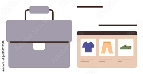 Business tools, e-commerce shopping, online retail, digital stores, business management, commercial growth. A briefcase and a web interface clothing items. Business tools and e-commerce shopping