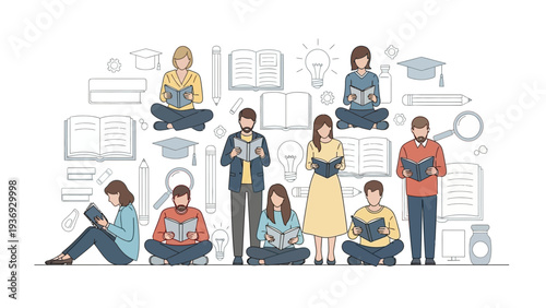 Diverse People Reading Books Together, Education and Knowledge Concept