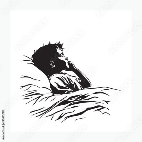 black and white illustration of a sleeping boy