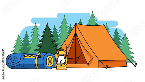 Camping Gear: Orange Tent, Sleeping Bag, and Lantern in Forest