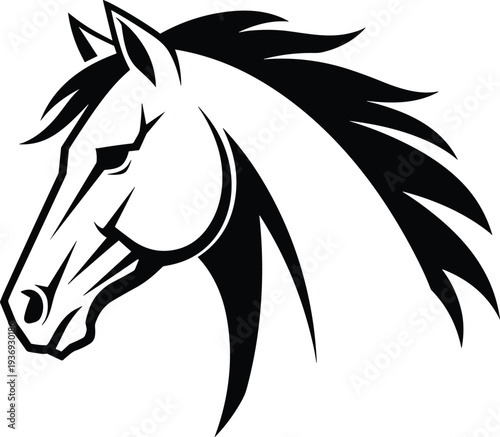 Black horse head silhouette profile for equestrian sports branding, stallion logo design, wild mustang character illustration, and ranch animal icons.