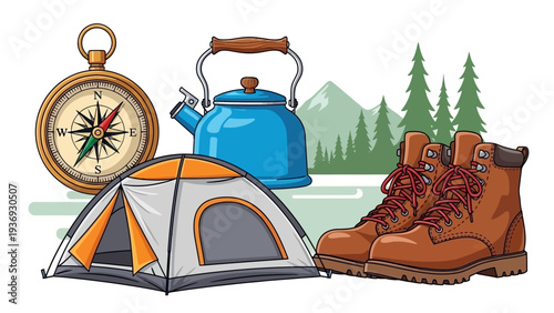 Camping Gear: Tent, Boots, Compass, Kettle, Forest Landscape