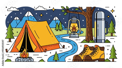 Camping Scene at Night with Tent, Campfire, Lantern, Boots and Thermos