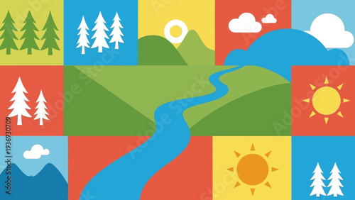 Abstract Nature Landscape Mosaic with River, Mountains, Trees, and Sun