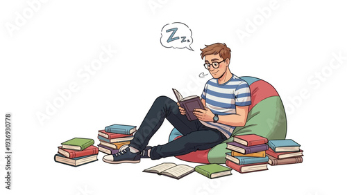 Young man reading a book and falling asleep on a bean bag chair surrounded by books
