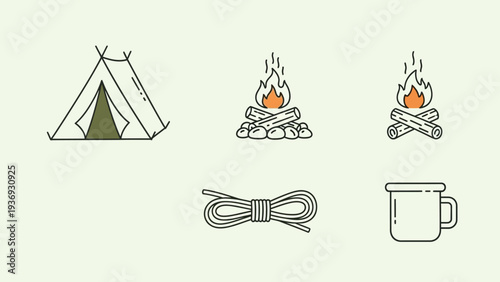 Camping Icons: Tent, Bonfire, Rope, Mug - Outdoor Adventure Symbols