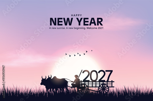 Happy New Year 2027 Rural Sunrise Scene with Farmer and Bullock Cart, Vector Illustration Design.