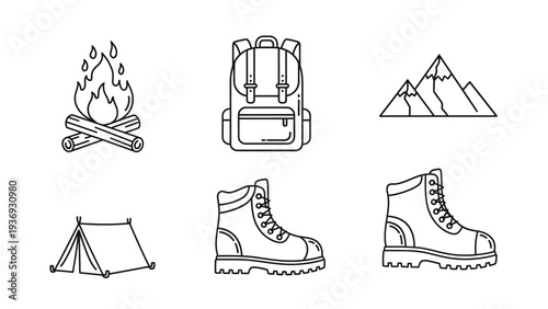 Camping and Hiking Icons: Bonfire, Backpack, Mountains, Tent, Boots