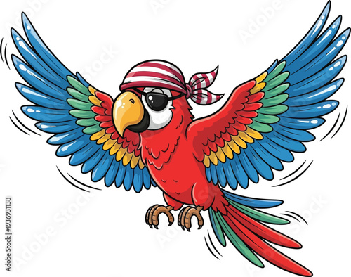 A colorful parrot wearing a pirate hat and eye patch is flying through the air