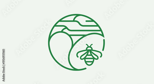 Minimalist green line art logo featuring a stylized bee and abstract landscape elements within a circular design, symbolizing nature and sustainability.