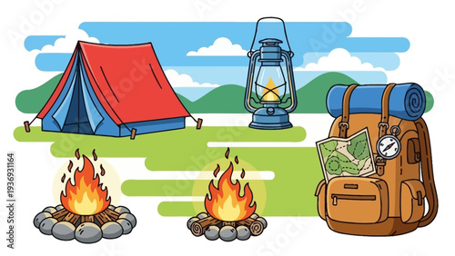 Camping Adventure Gear: Tent, Campfires, Backpack, Lantern, Map