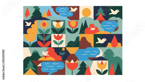 Modern Geometric Nature Pattern with Birds, Flowers and Landscapes