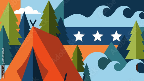 Camping Adventure: Tent, Forest, Waves, Stars - Outdoor Recreation Graphic