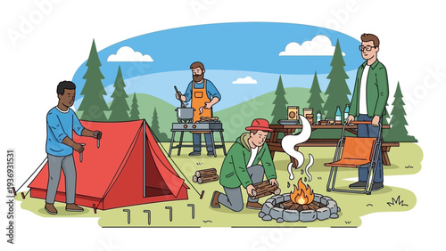 Friends Camping Together in Nature, Setting Up Tent and Campfire