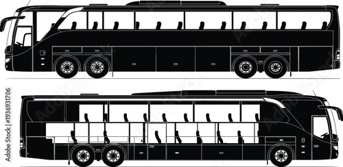 Black luxury passenger bus silhouette set, side view vector illustrations of modern long distance coach for travel and public transportation,