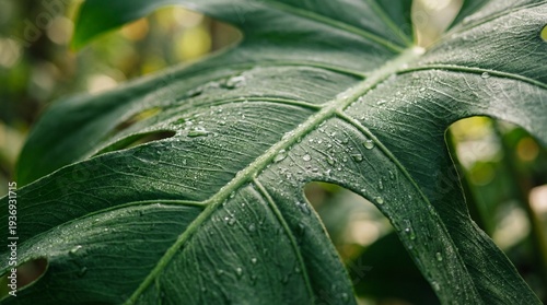 macro photography, monstera deliciosa leaf with raidrops, botanical category, fresh tropical nature bacground