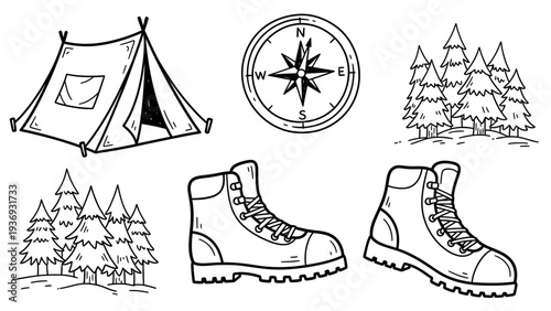 Camping Gear and Hiking Boots Doodle Icons: Tent, Compass, Trees