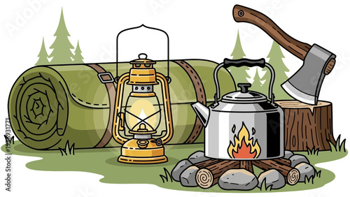 Camping Gear: Rolled Sleeping Bag, Lantern, Kettle, Axe, Campfire