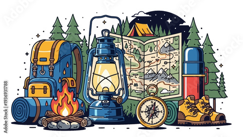 Camping Adventure Gear: Backpack, Lantern, Map, Compass, Tent, Boots, Thermos