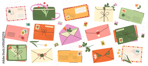 Beautiful floral-themed envelopes with botanical illustrations and stamps
